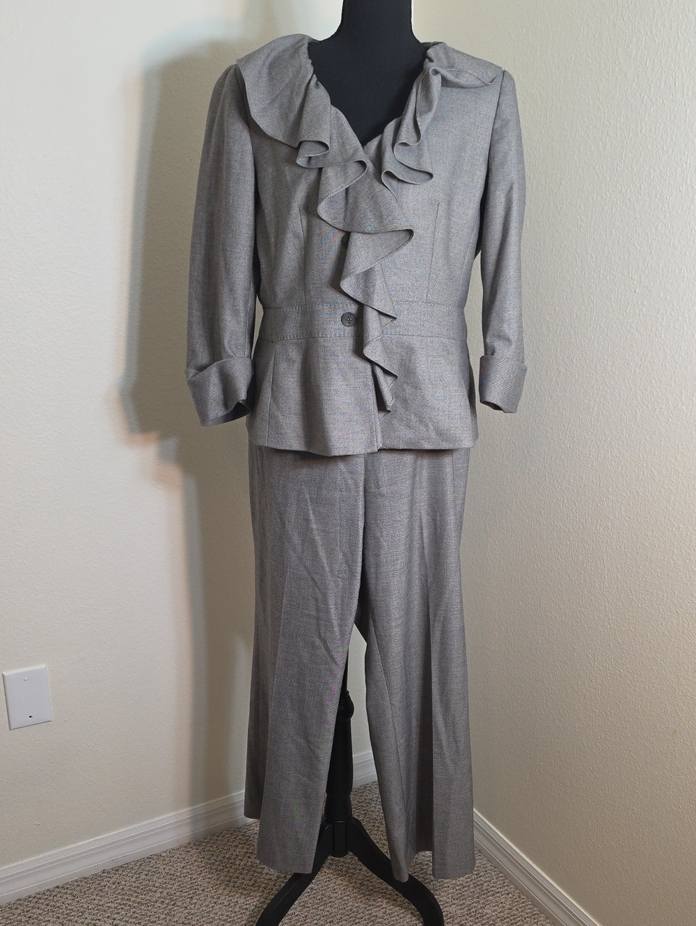 Anne Klein Gray Ruffle-Front Pantsuit